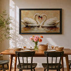 A textured impasto painting depicts two swans facing each other with necks curved to form a heart shape. The swans float on reflective water with visible brushstrokes creating a rich, layered surface. The composition emphasizes the intimate connection between the birds in a naturalistic animal art style.