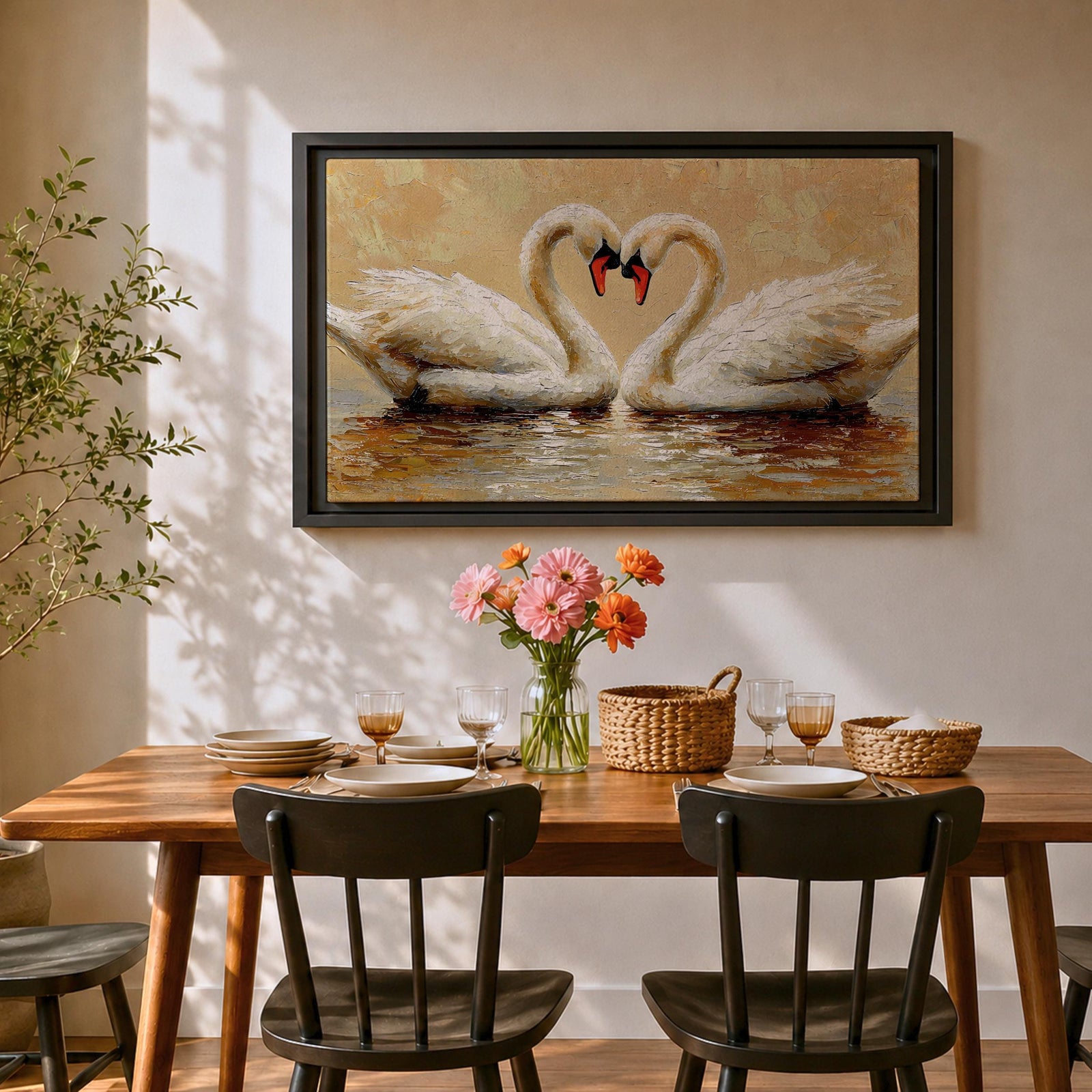 A textured impasto painting depicts two swans facing each other with necks curved to form a heart shape. The swans float on reflective water with visible brushstrokes creating a rich, layered surface. The composition emphasizes the intimate connection between the birds in a naturalistic animal art style.