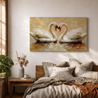 A textured impasto painting depicts two swans facing each other with necks curved to form a heart shape. The swans float on reflective water with visible brushstrokes creating a rich, layered surface. The composition emphasizes the intimate connection between the birds in a naturalistic animal art style.