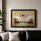 A textured impasto painting depicts two swans facing each other with necks curved to form a heart shape. The swans float on reflective water with visible brushstrokes creating a rich, layered surface. The composition emphasizes the intimate connection between the birds in a naturalistic animal art style.
