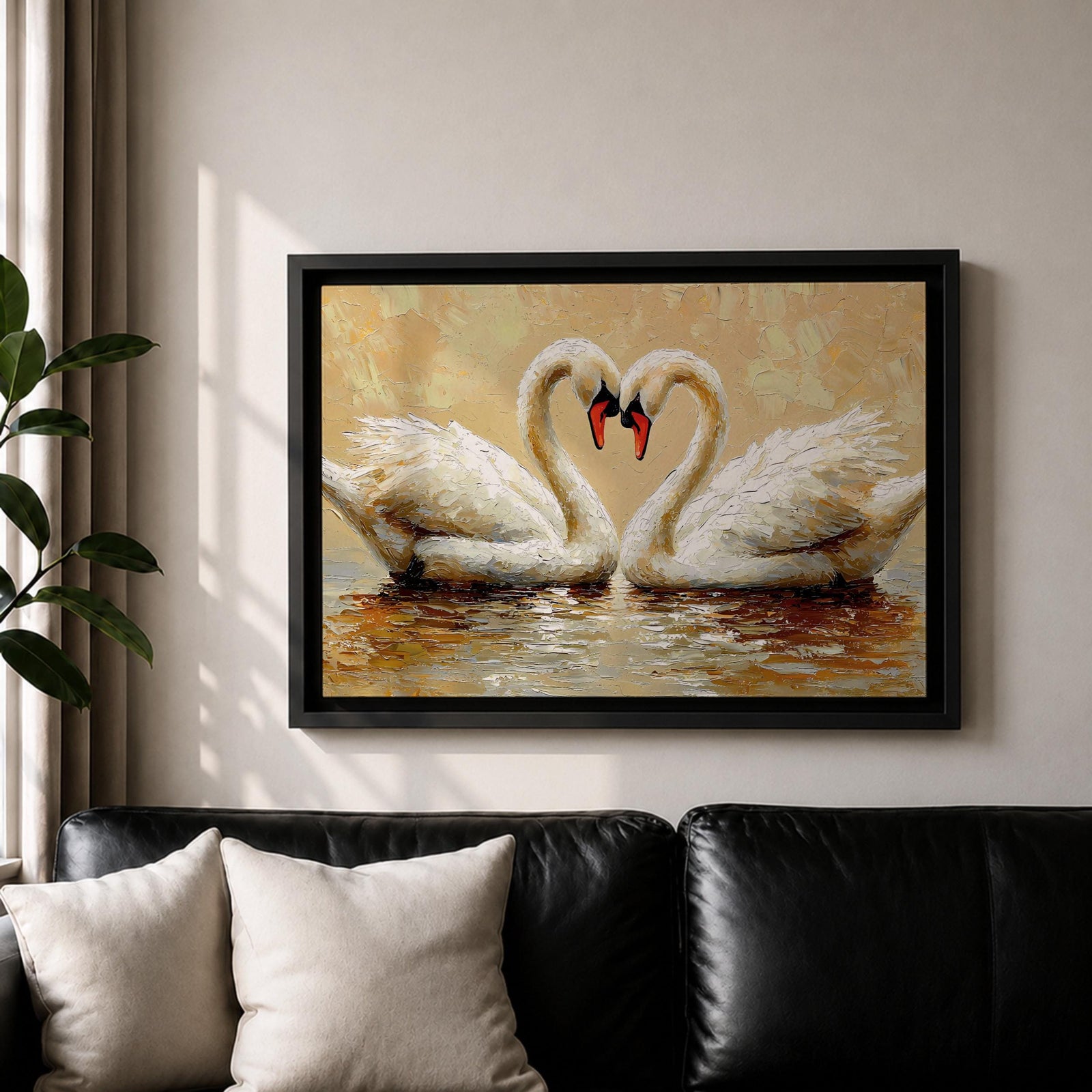 A textured impasto painting depicts two swans facing each other with necks curved to form a heart shape. The swans float on reflective water with visible brushstrokes creating a rich, layered surface. The composition emphasizes the intimate connection between the birds in a naturalistic animal art style.
