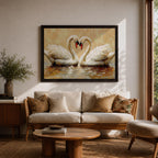 A textured impasto painting depicts two swans facing each other with necks curved to form a heart shape. The swans float on reflective water with visible brushstrokes creating a rich, layered surface. The composition emphasizes the intimate connection between the birds in a naturalistic animal art style.