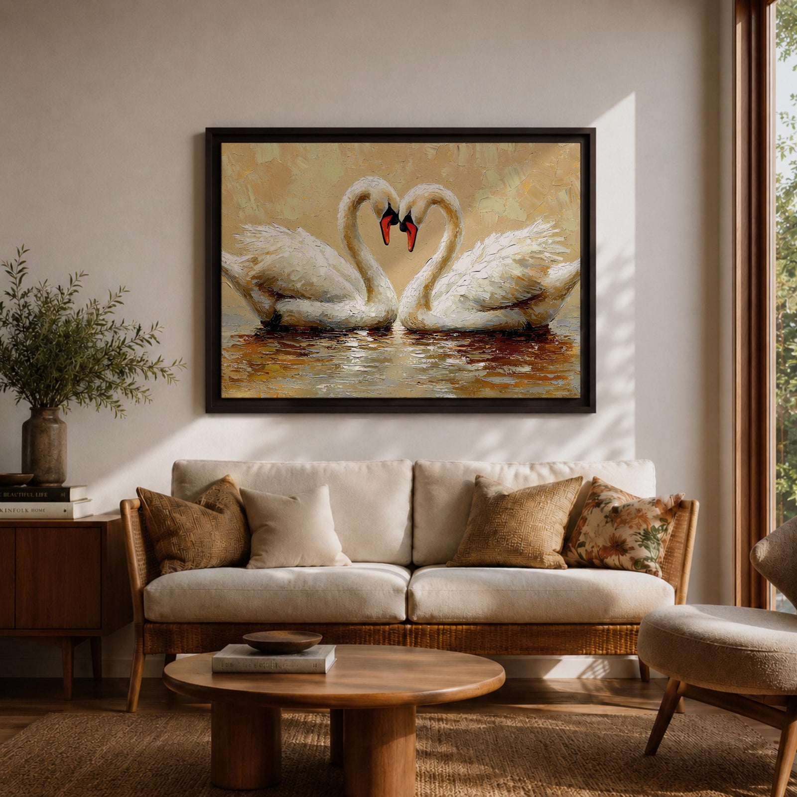 A textured impasto painting depicts two swans facing each other with necks curved to form a heart shape. The swans float on reflective water with visible brushstrokes creating a rich, layered surface. The composition emphasizes the intimate connection between the birds in a naturalistic animal art style.