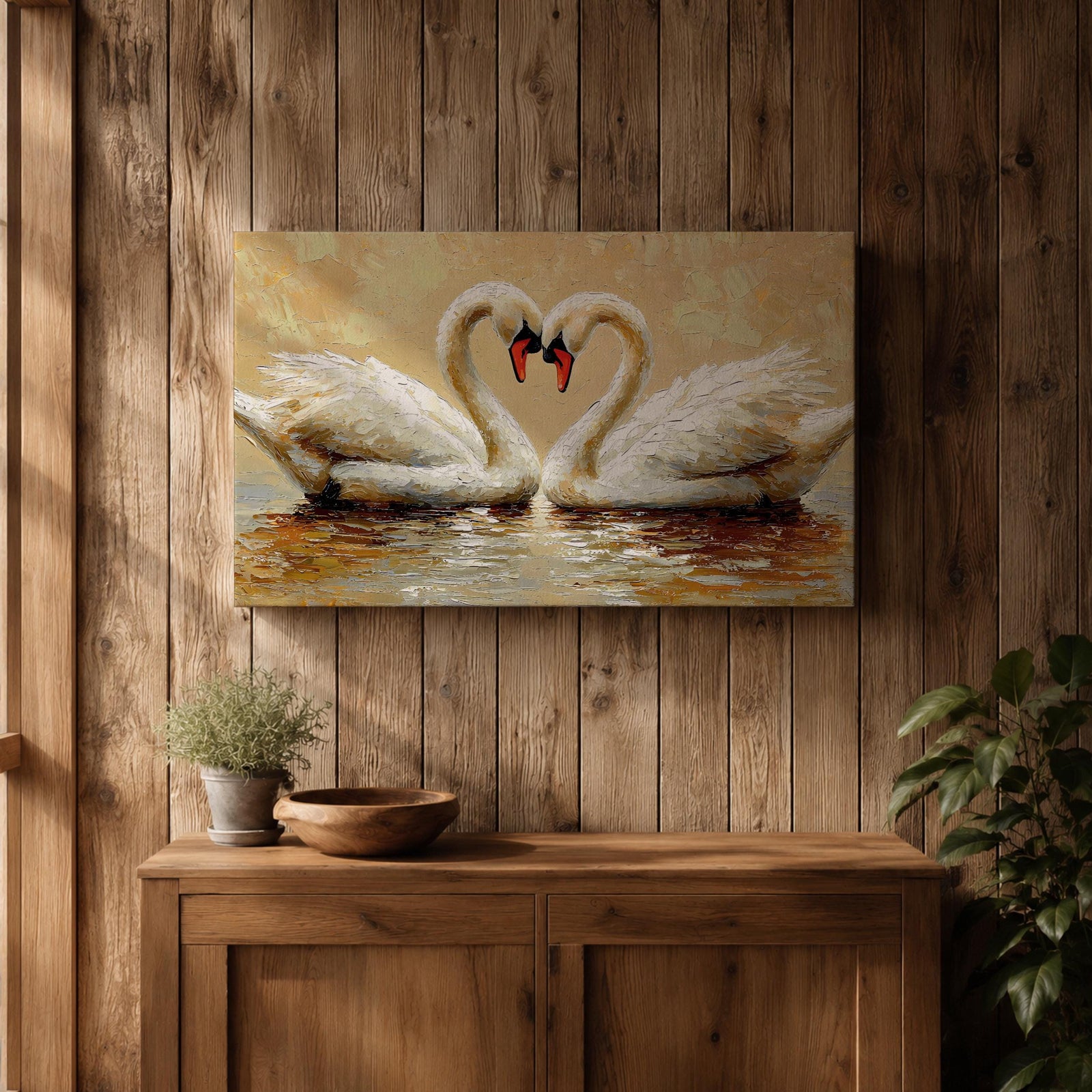 A textured impasto painting depicts two swans facing each other with necks curved to form a heart shape. The swans float on reflective water with visible brushstrokes creating a rich, layered surface. The composition emphasizes the intimate connection between the birds in a naturalistic animal art style.