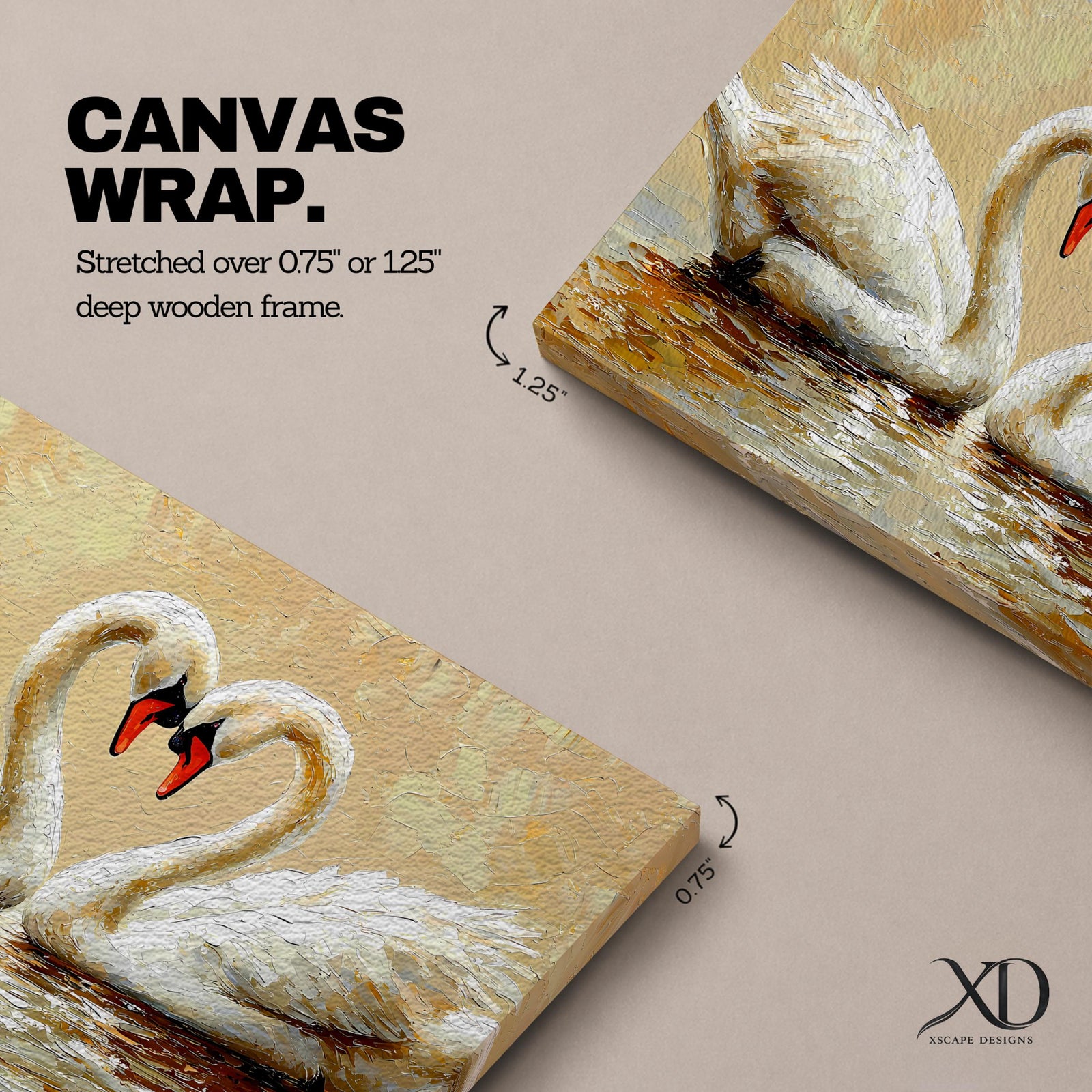 A textured impasto painting depicts two swans facing each other with necks curved to form a heart shape. The swans float on reflective water with visible brushstrokes creating a rich, layered surface. The composition emphasizes the intimate connection between the birds in a naturalistic animal art style.