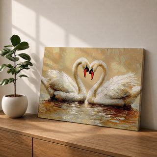 A textured impasto painting depicts two swans facing each other with necks curved to form a heart shape. The swans float on reflective water with visible brushstrokes creating a rich, layered surface. The composition emphasizes the intimate connection between the birds in a naturalistic animal art style.