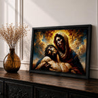 An impasto style oil painting depicting Jesus Mary Pieta, showing Mary holding the lifeless body of Jesus with expressive brushstrokes and textured layers. The composition highlights the sorrowful moment with dramatic lighting and rich colors, emphasizing the emotional depth of the Christian subject.