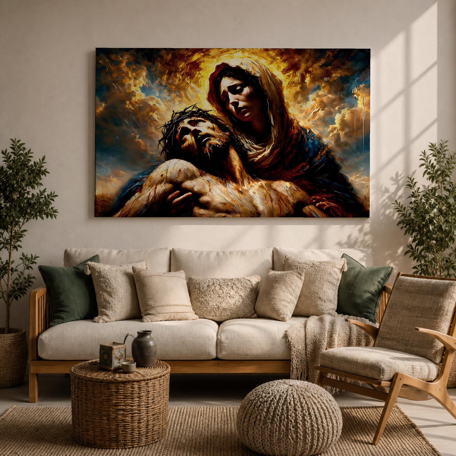 An impasto style oil painting depicting Jesus Mary Pieta, showing Mary holding the lifeless body of Jesus with expressive brushstrokes and textured layers. The composition highlights the sorrowful moment with dramatic lighting and rich colors, emphasizing the emotional depth of the Christian subject.