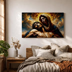 An impasto style oil painting depicting Jesus Mary Pieta, showing Mary holding the lifeless body of Jesus with expressive brushstrokes and textured layers. The composition highlights the sorrowful moment with dramatic lighting and rich colors, emphasizing the emotional depth of the Christian subject.