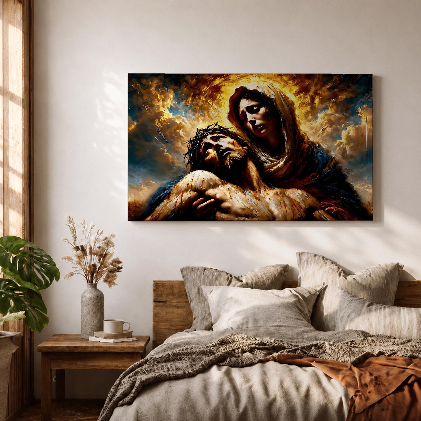 An impasto style oil painting depicting Jesus Mary Pieta, showing Mary holding the lifeless body of Jesus with expressive brushstrokes and textured layers. The composition highlights the sorrowful moment with dramatic lighting and rich colors, emphasizing the emotional depth of the Christian subject.