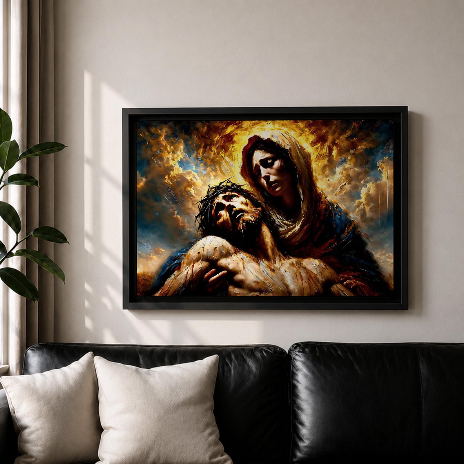 An impasto style oil painting depicting Jesus Mary Pieta, showing Mary holding the lifeless body of Jesus with expressive brushstrokes and textured layers. The composition highlights the sorrowful moment with dramatic lighting and rich colors, emphasizing the emotional depth of the Christian subject.