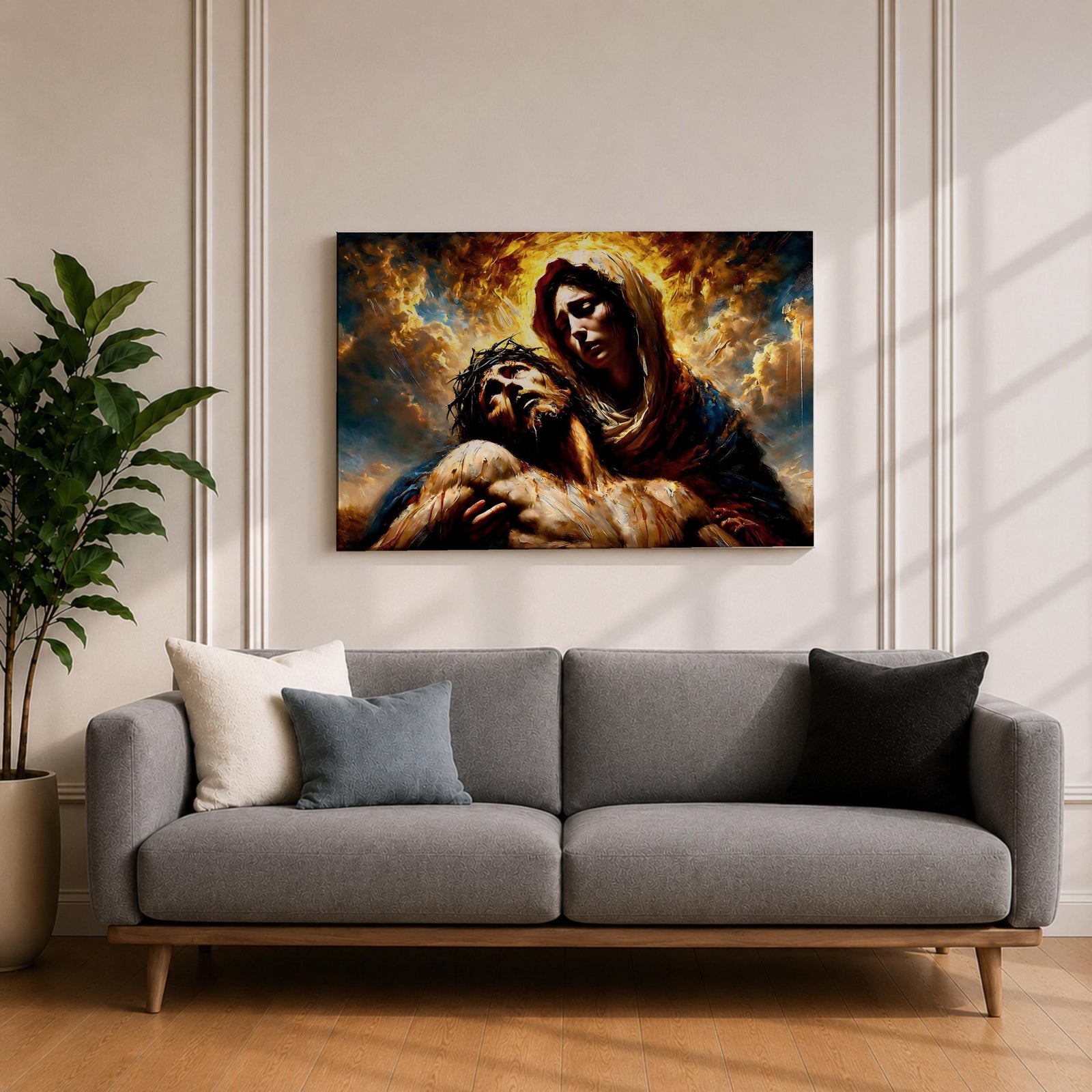 An impasto style oil painting depicting Jesus Mary Pieta, showing Mary holding the lifeless body of Jesus with expressive brushstrokes and textured layers. The composition highlights the sorrowful moment with dramatic lighting and rich colors, emphasizing the emotional depth of the Christian subject.