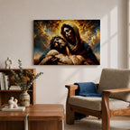 An impasto style oil painting depicting Jesus Mary Pieta, showing Mary holding the lifeless body of Jesus with expressive brushstrokes and textured layers. The composition highlights the sorrowful moment with dramatic lighting and rich colors, emphasizing the emotional depth of the Christian subject.
