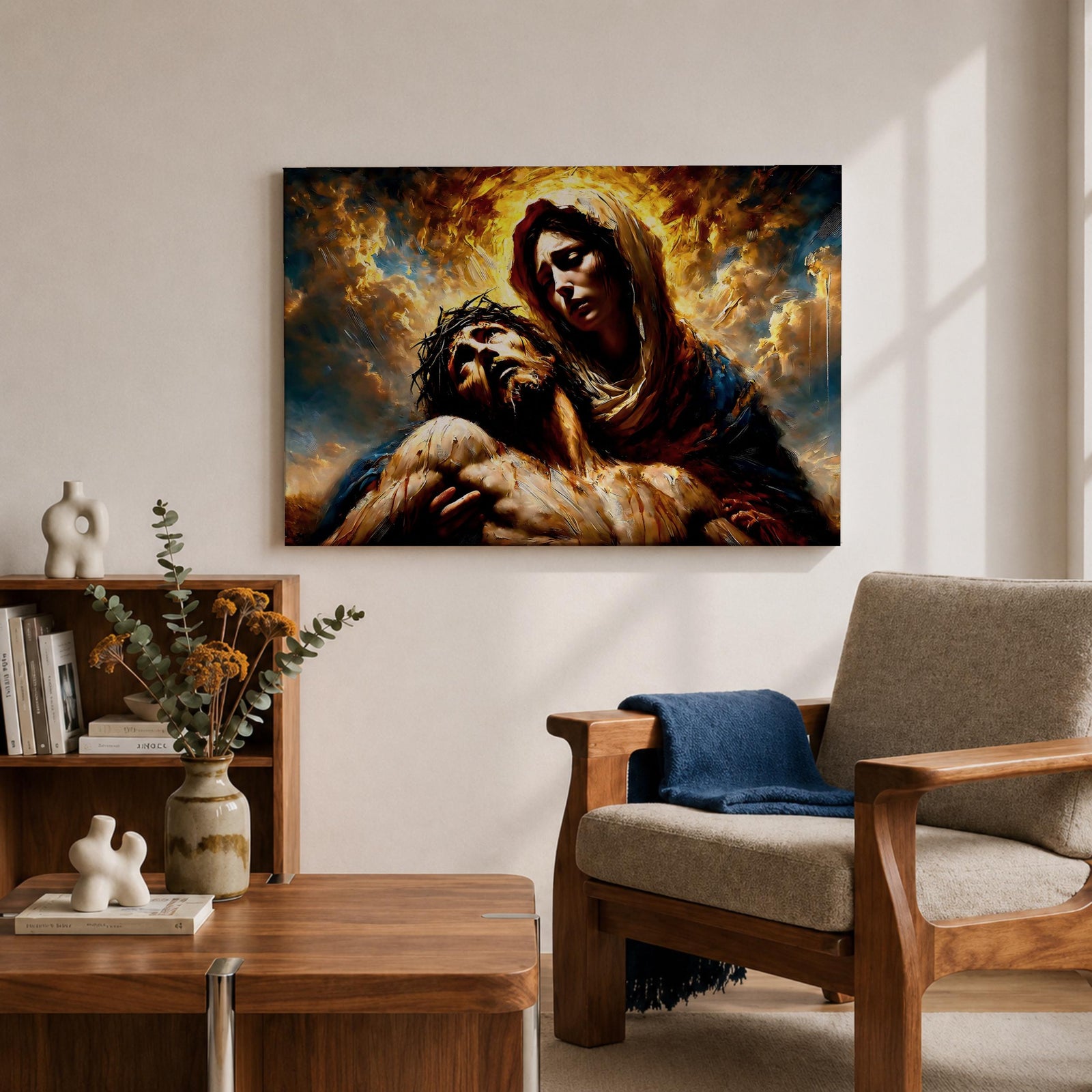 An impasto style oil painting depicting Jesus Mary Pieta, showing Mary holding the lifeless body of Jesus with expressive brushstrokes and textured layers. The composition highlights the sorrowful moment with dramatic lighting and rich colors, emphasizing the emotional depth of the Christian subject.