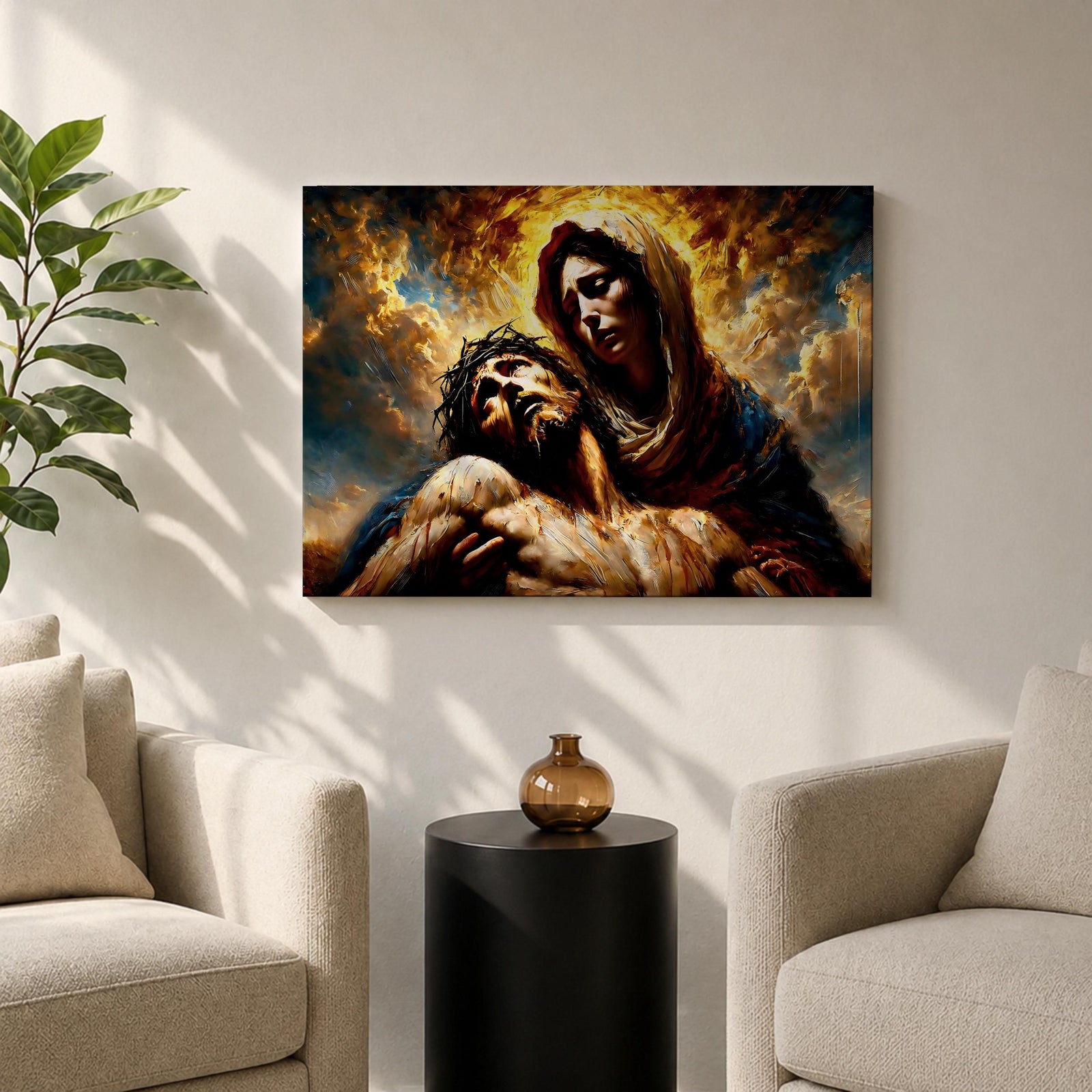 An impasto style oil painting depicting Jesus Mary Pieta, showing Mary holding the lifeless body of Jesus with expressive brushstrokes and textured layers. The composition highlights the sorrowful moment with dramatic lighting and rich colors, emphasizing the emotional depth of the Christian subject.