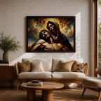 An impasto style oil painting depicting Jesus Mary Pieta, showing Mary holding the lifeless body of Jesus with expressive brushstrokes and textured layers. The composition highlights the sorrowful moment with dramatic lighting and rich colors, emphasizing the emotional depth of the Christian subject.