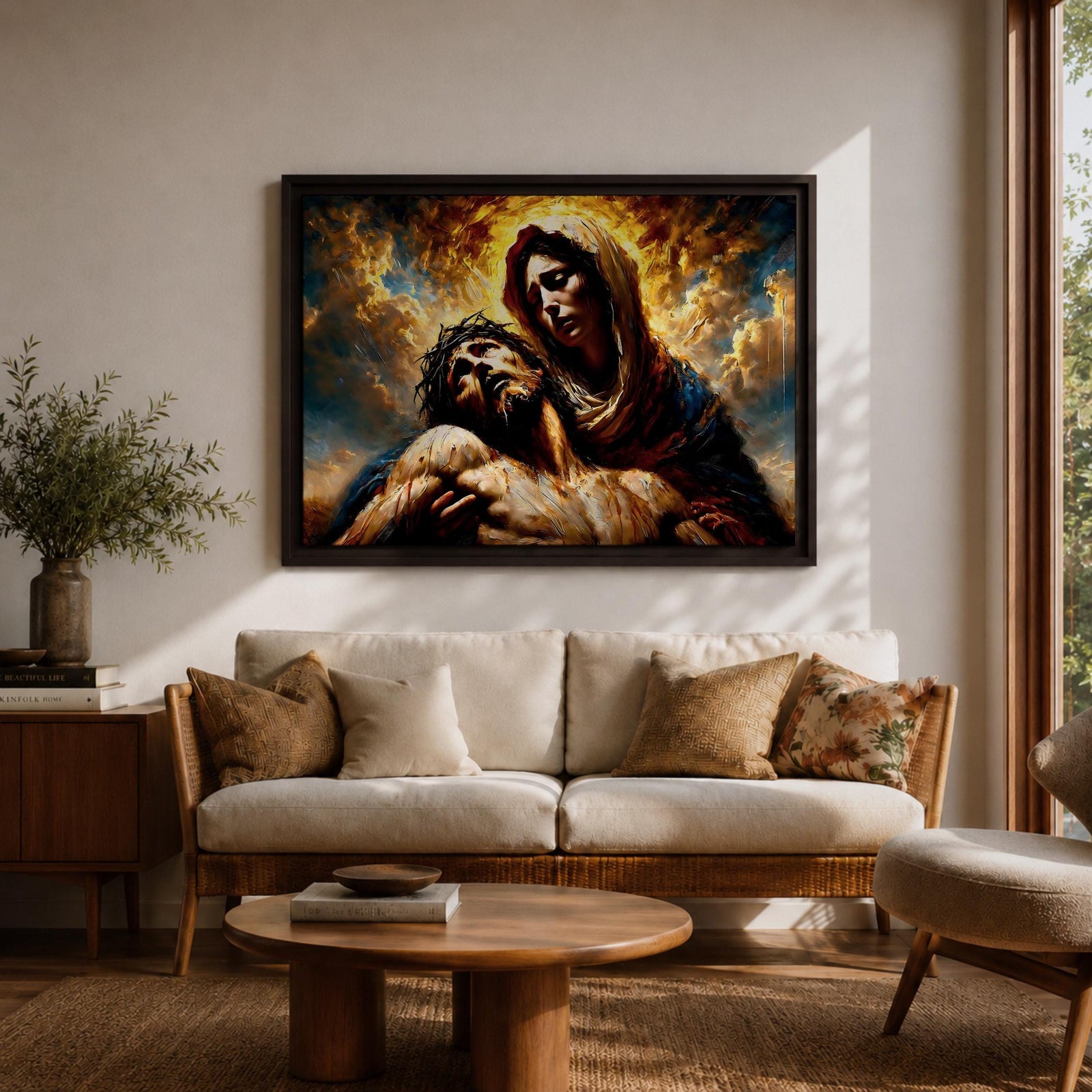 An impasto style oil painting depicting Jesus Mary Pieta, showing Mary holding the lifeless body of Jesus with expressive brushstrokes and textured layers. The composition highlights the sorrowful moment with dramatic lighting and rich colors, emphasizing the emotional depth of the Christian subject.