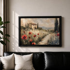 An impasto style painting depicting a rustic Tuscan landscape with a stone farmhouse surrounded by tall cypress trees and red poppies along a winding path leading into distant rolling hills under a cloudy sky.