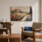 An impasto style painting depicting a rustic Tuscan landscape with a stone farmhouse surrounded by tall cypress trees and red poppies along a winding path leading into distant rolling hills under a cloudy sky.