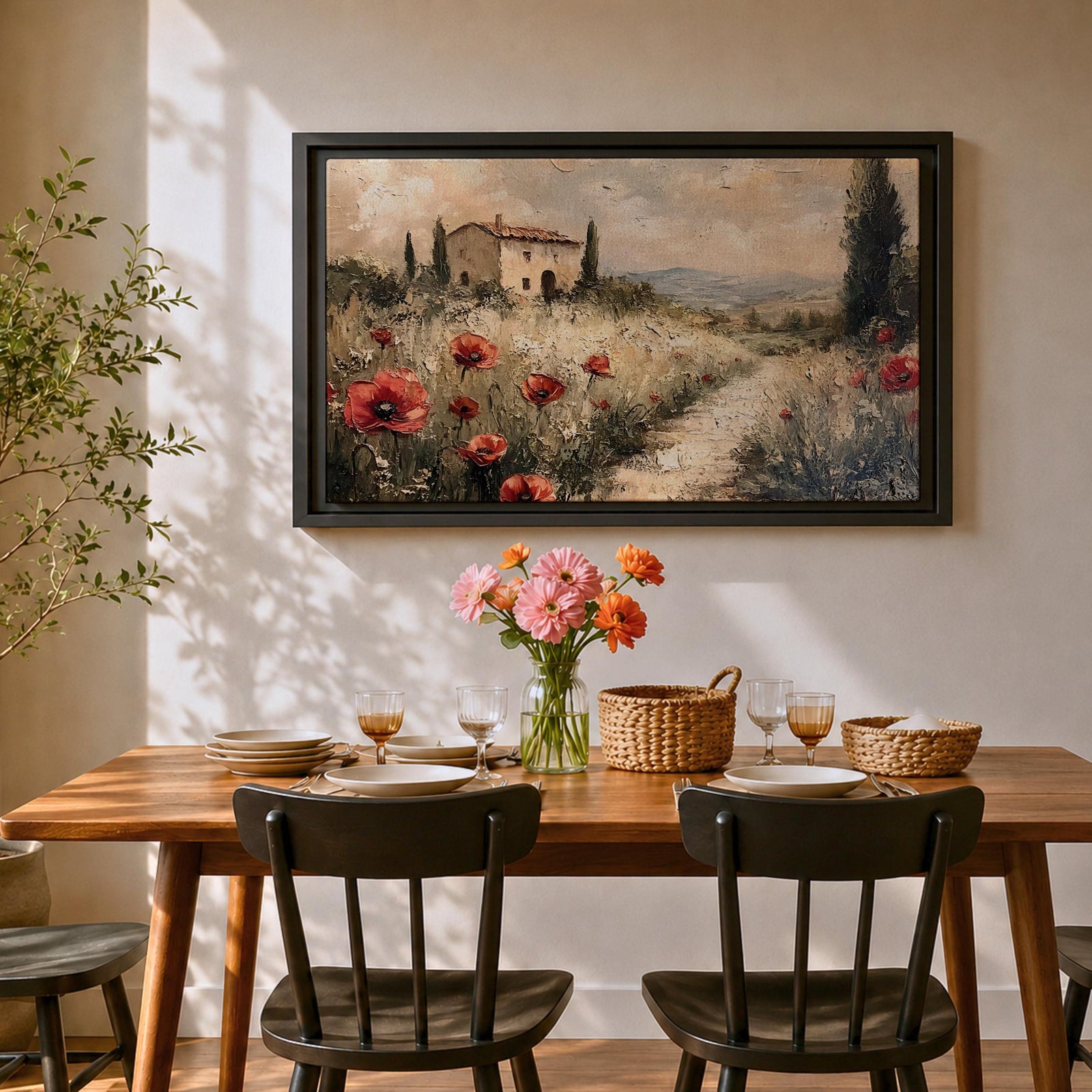 An impasto style painting depicting a rustic Tuscan landscape with a stone farmhouse surrounded by tall cypress trees and red poppies along a winding path leading into distant rolling hills under a cloudy sky.