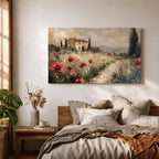 An impasto style painting depicting a rustic Tuscan landscape with a stone farmhouse surrounded by tall cypress trees and red poppies along a winding path leading into distant rolling hills under a cloudy sky.