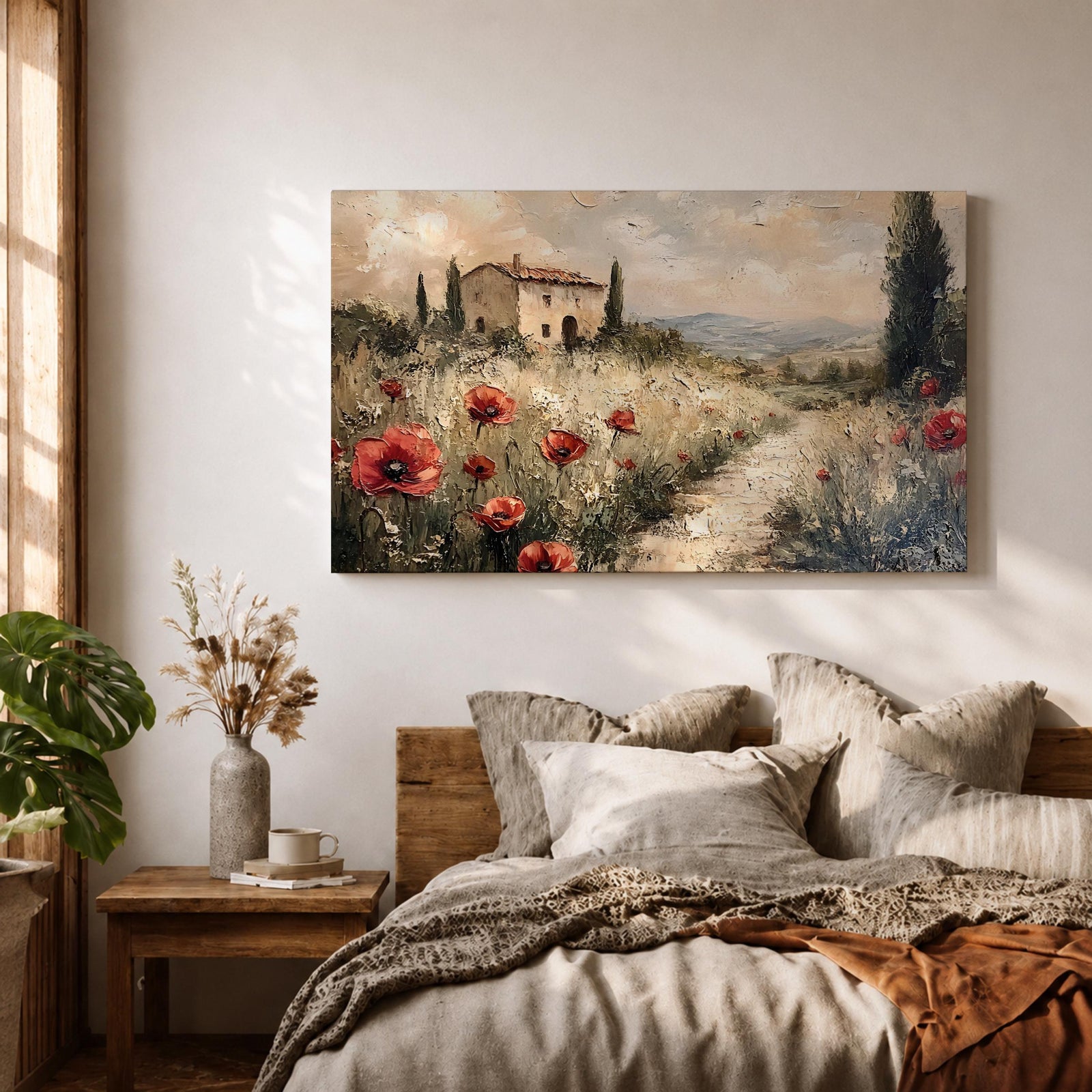 An impasto style painting depicting a rustic Tuscan landscape with a stone farmhouse surrounded by tall cypress trees and red poppies along a winding path leading into distant rolling hills under a cloudy sky.