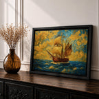 An impasto style painting of a sailing ship with full sails on a turbulent ocean under a dramatic sky filled with textured clouds. The ship is depicted in warm tones contrasting with the deep blue sea, capturing the dynamic movement of waves and wind in a richly textured landscape composition.