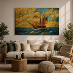 An impasto style painting of a sailing ship with full sails on a turbulent ocean under a dramatic sky filled with textured clouds. The ship is depicted in warm tones contrasting with the deep blue sea, capturing the dynamic movement of waves and wind in a richly textured landscape composition.