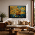 An impasto style painting of a sailing ship with full sails on a turbulent ocean under a dramatic sky filled with textured clouds. The ship is depicted in warm tones contrasting with the deep blue sea, capturing the dynamic movement of waves and wind in a richly textured landscape composition.