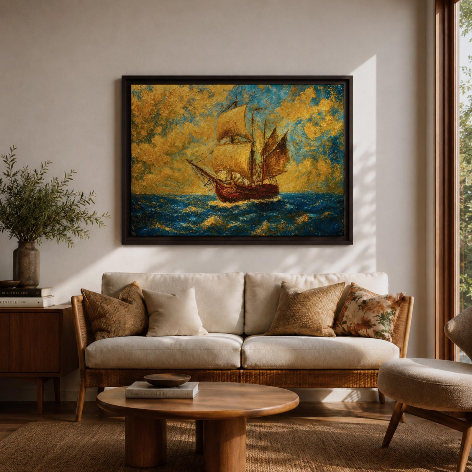 An impasto style painting of a sailing ship with full sails on a turbulent ocean under a dramatic sky filled with textured clouds. The ship is depicted in warm tones contrasting with the deep blue sea, capturing the dynamic movement of waves and wind in a richly textured landscape composition.