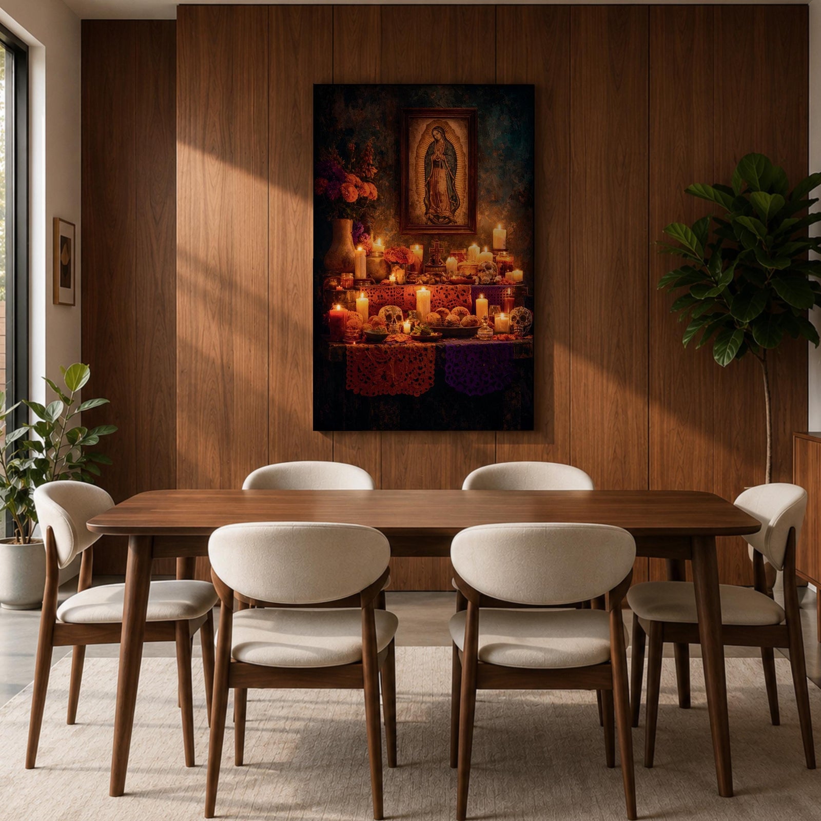 A vintage style framed canvas wall art depicting Our Lady of Guadalupe with a detailed image of the Virgin of Guadalupe surrounded by candles, flowers, and traditional Mexican altar elements, rendered in warm tones with a textured background.