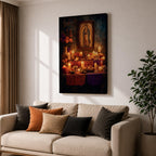 A vintage style framed canvas wall art depicting Our Lady of Guadalupe with a detailed image of the Virgin of Guadalupe surrounded by candles, flowers, and traditional Mexican altar elements, rendered in warm tones with a textured background.
