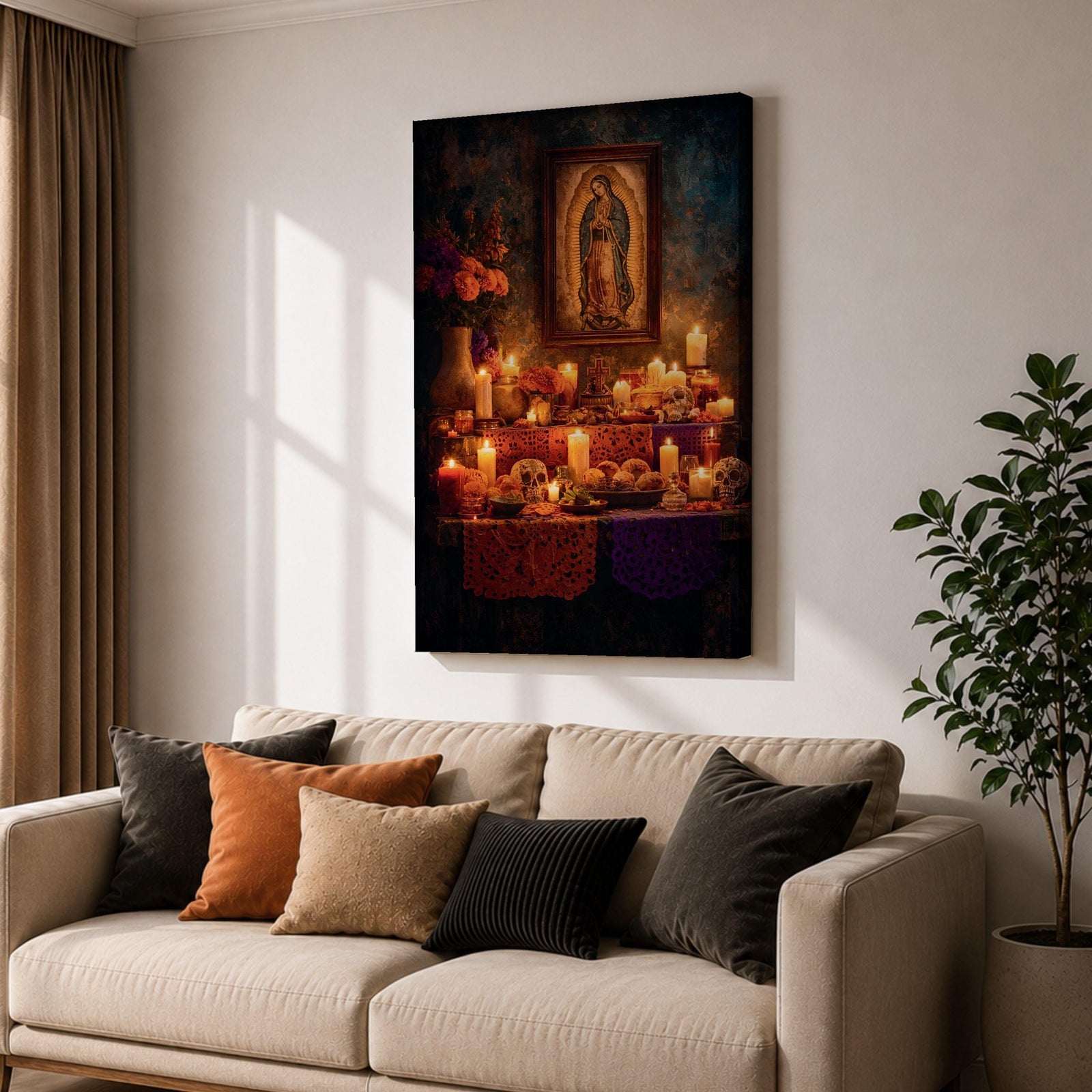 A vintage style framed canvas wall art depicting Our Lady of Guadalupe with a detailed image of the Virgin of Guadalupe surrounded by candles, flowers, and traditional Mexican altar elements, rendered in warm tones with a textured background.