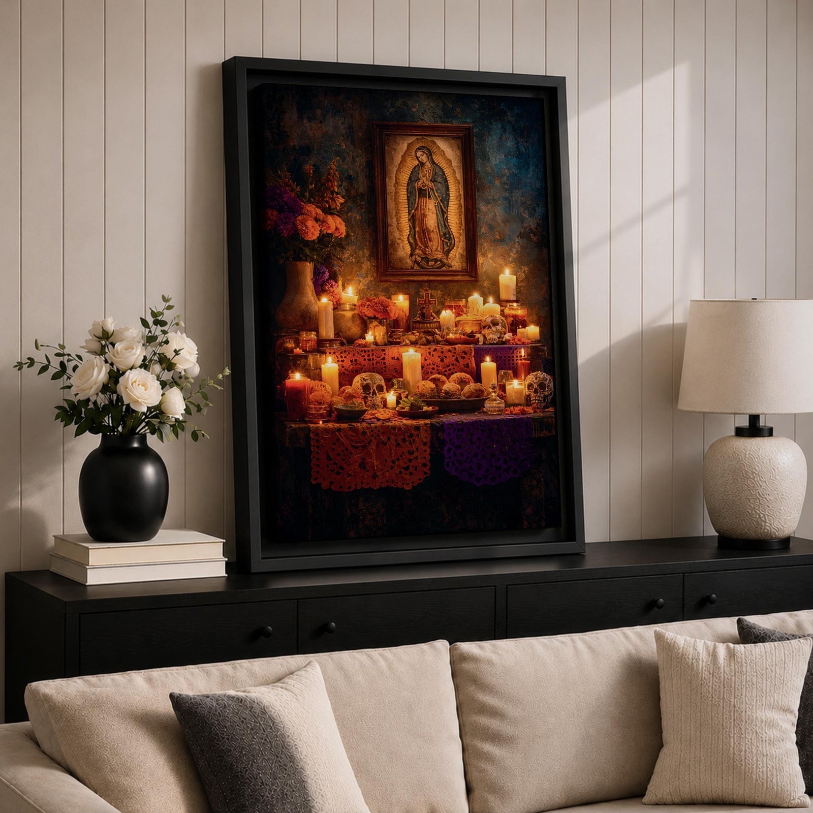 A vintage style framed canvas wall art depicting Our Lady of Guadalupe with a detailed image of the Virgin of Guadalupe surrounded by candles, flowers, and traditional Mexican altar elements, rendered in warm tones with a textured background.