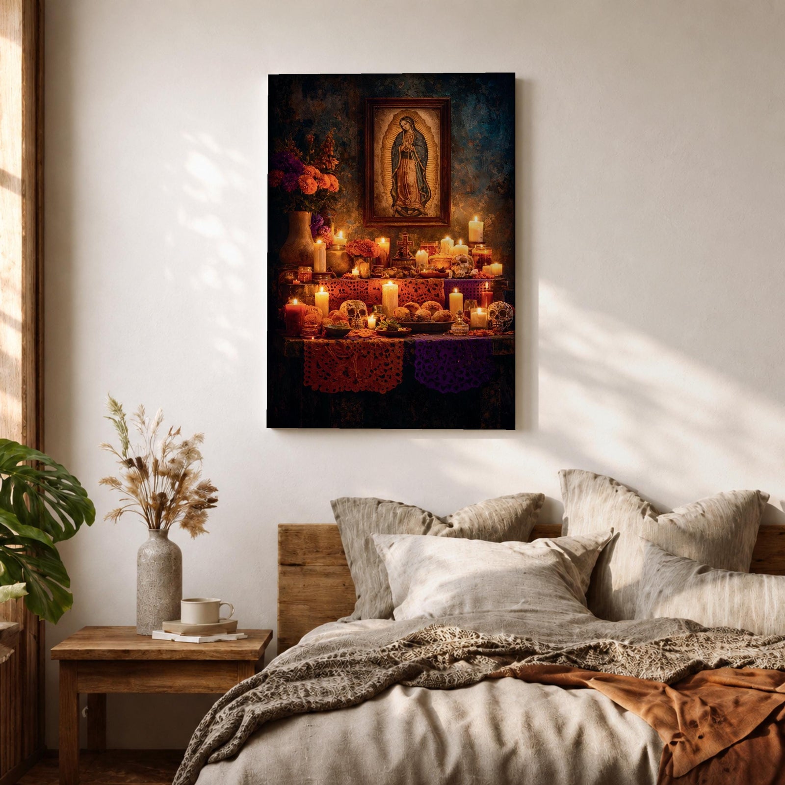 A vintage style framed canvas wall art depicting Our Lady of Guadalupe with a detailed image of the Virgin of Guadalupe surrounded by candles, flowers, and traditional Mexican altar elements, rendered in warm tones with a textured background.