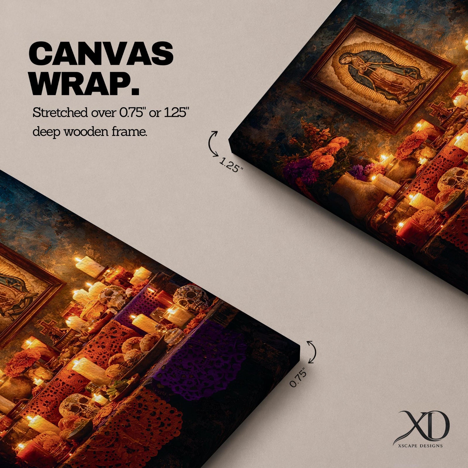 A vintage style framed canvas wall art depicting Our Lady of Guadalupe with a detailed image of the Virgin of Guadalupe surrounded by candles, flowers, and traditional Mexican altar elements, rendered in warm tones with a textured background.