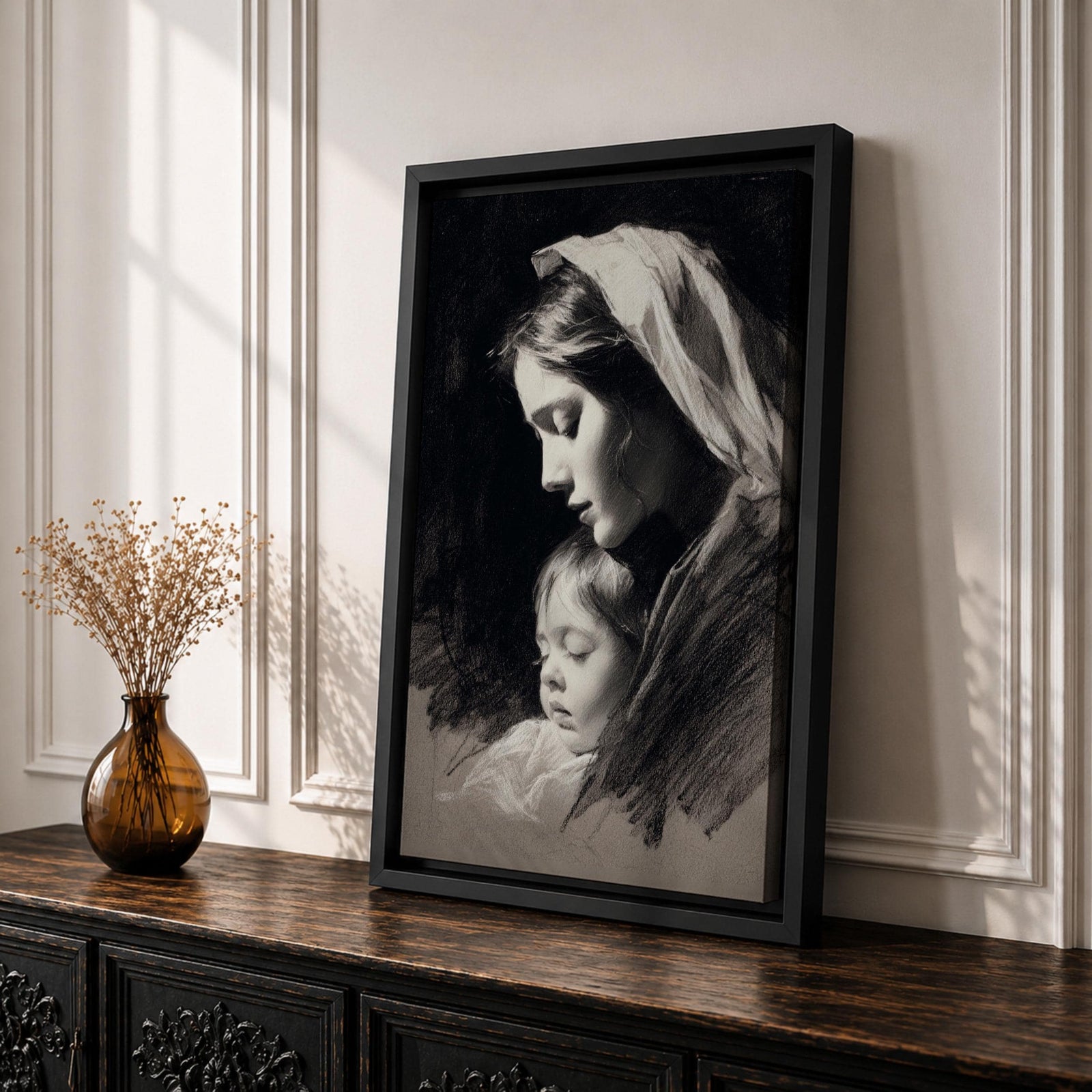 A detailed charcoal-style portrait of a mother tenderly holding her sleeping child, both shown in profile with soft shading and delicate lines emphasizing their peaceful expressions and close bond, rendered in monochrome with a focus on emotional intimacy and classical portraiture.