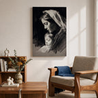 A detailed charcoal-style portrait of a mother tenderly holding her sleeping child, both shown in profile with soft shading and delicate lines emphasizing their peaceful expressions and close bond, rendered in monochrome with a focus on emotional intimacy and classical portraiture.