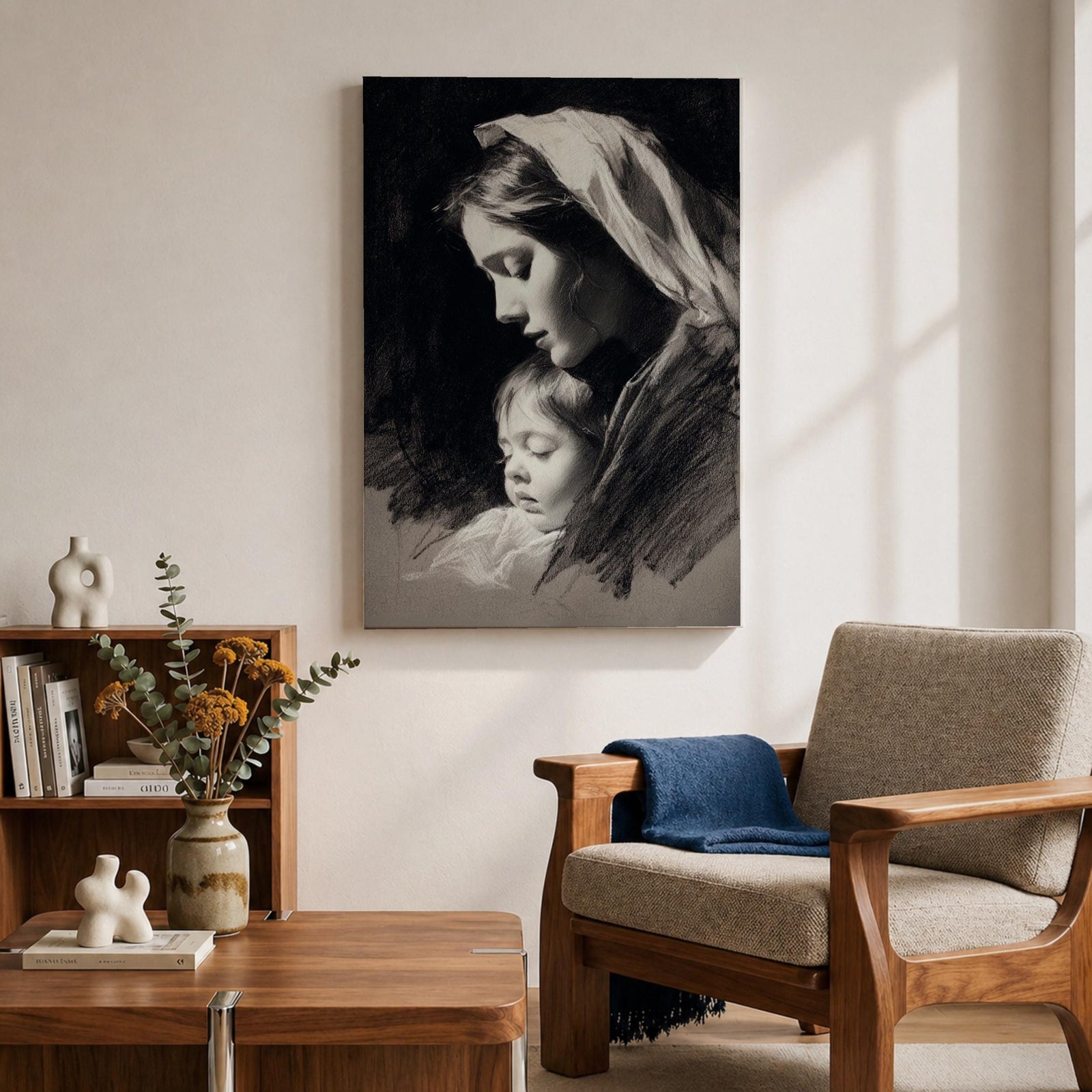 A detailed charcoal-style portrait of a mother tenderly holding her sleeping child, both shown in profile with soft shading and delicate lines emphasizing their peaceful expressions and close bond, rendered in monochrome with a focus on emotional intimacy and classical portraiture.