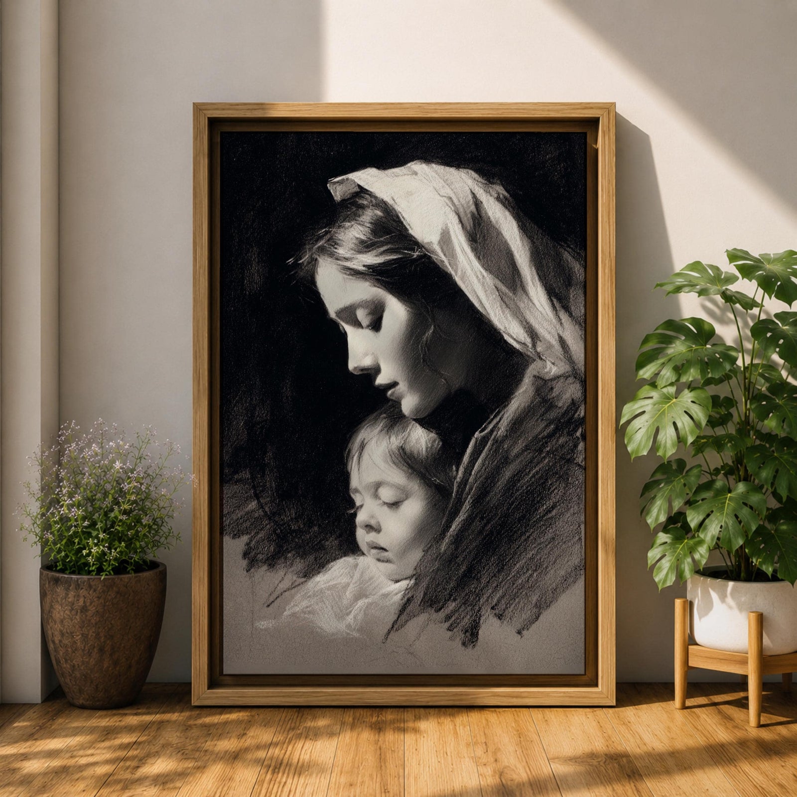 A detailed charcoal-style portrait of a mother tenderly holding her sleeping child, both shown in profile with soft shading and delicate lines emphasizing their peaceful expressions and close bond, rendered in monochrome with a focus on emotional intimacy and classical portraiture.