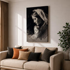 A detailed charcoal-style portrait of a mother tenderly holding her sleeping child, both shown in profile with soft shading and delicate lines emphasizing their peaceful expressions and close bond, rendered in monochrome with a focus on emotional intimacy and classical portraiture.