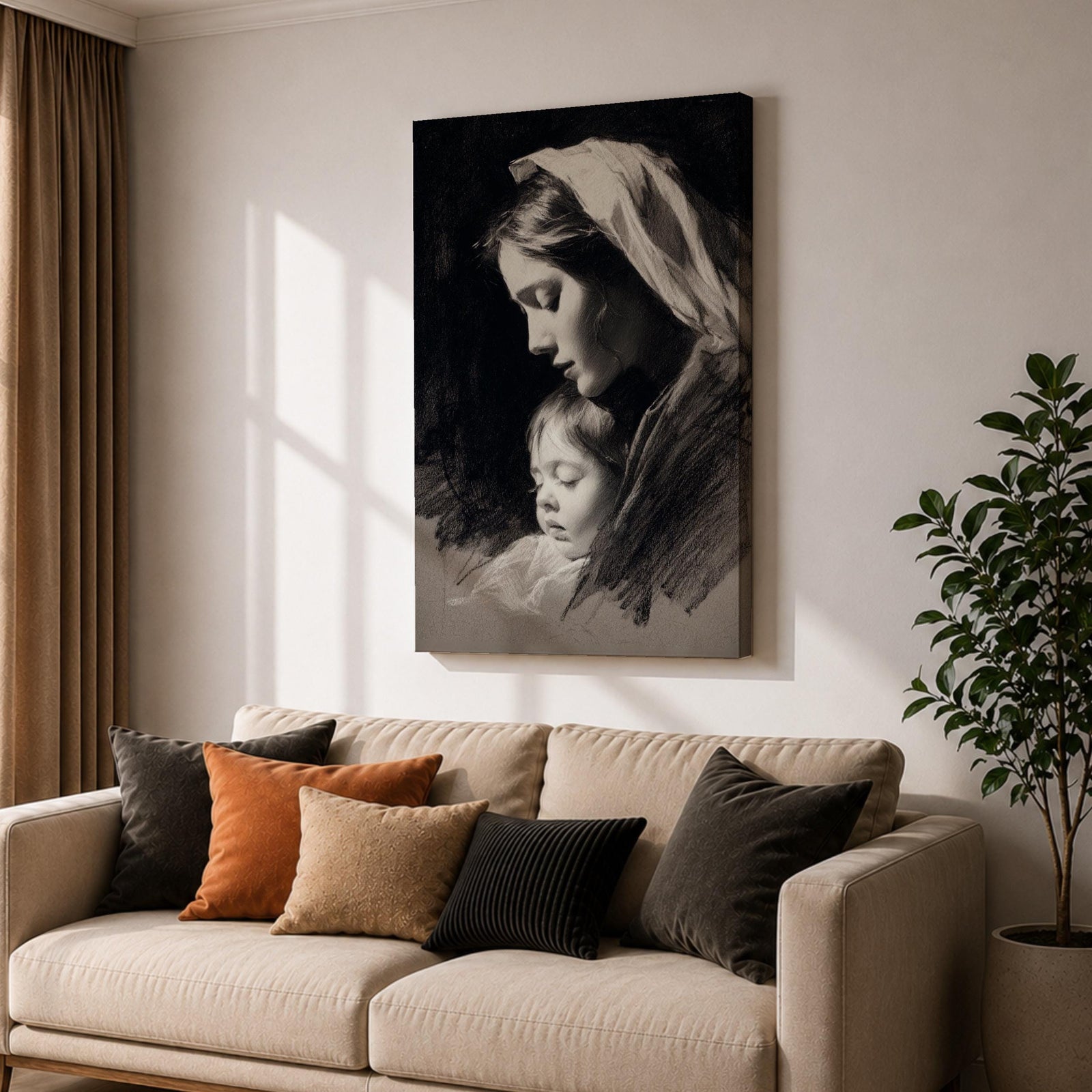 A detailed charcoal-style portrait of a mother tenderly holding her sleeping child, both shown in profile with soft shading and delicate lines emphasizing their peaceful expressions and close bond, rendered in monochrome with a focus on emotional intimacy and classical portraiture.