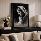 A detailed charcoal-style portrait of a mother tenderly holding her sleeping child, both shown in profile with soft shading and delicate lines emphasizing their peaceful expressions and close bond, rendered in monochrome with a focus on emotional intimacy and classical portraiture.