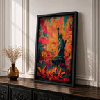 A bold graffiti style painting of the Statue of Liberty set against a vibrant explosion of color, featuring layered street art textures, spray paint marks, and expressive tags, with the iconic figure rendered in contrast against dynamic abstract backgrounds that emphasize urban energy and contemporary artistic style.