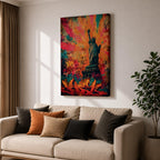 A bold graffiti style painting of the Statue of Liberty set against a vibrant explosion of color, featuring layered street art textures, spray paint marks, and expressive tags, with the iconic figure rendered in contrast against dynamic abstract backgrounds that emphasize urban energy and contemporary artistic style.