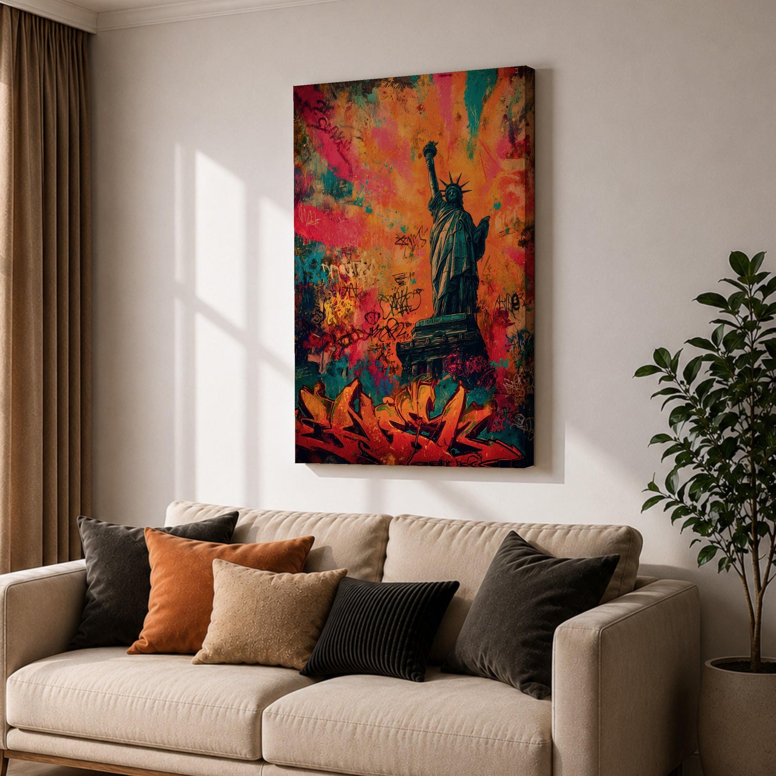 A bold graffiti style painting of the Statue of Liberty set against a vibrant explosion of color, featuring layered street art textures, spray paint marks, and expressive tags, with the iconic figure rendered in contrast against dynamic abstract backgrounds that emphasize urban energy and contemporary artistic style.