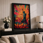A bold graffiti style painting of the Statue of Liberty set against a vibrant explosion of color, featuring layered street art textures, spray paint marks, and expressive tags, with the iconic figure rendered in contrast against dynamic abstract backgrounds that emphasize urban energy and contemporary artistic style.