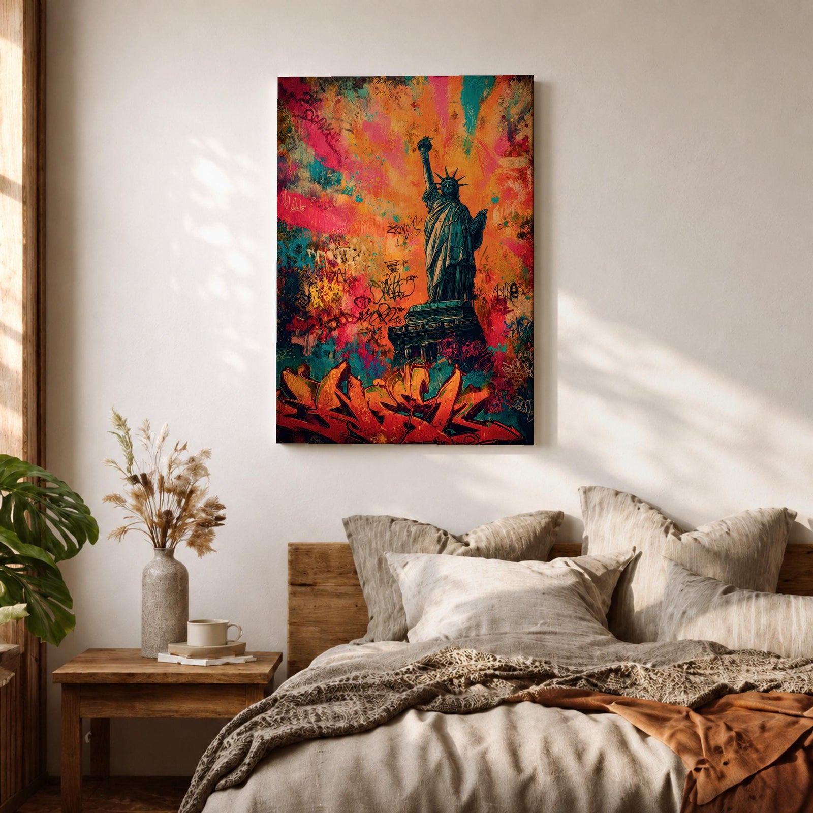 A bold graffiti style painting of the Statue of Liberty set against a vibrant explosion of color, featuring layered street art textures, spray paint marks, and expressive tags, with the iconic figure rendered in contrast against dynamic abstract backgrounds that emphasize urban energy and contemporary artistic style.