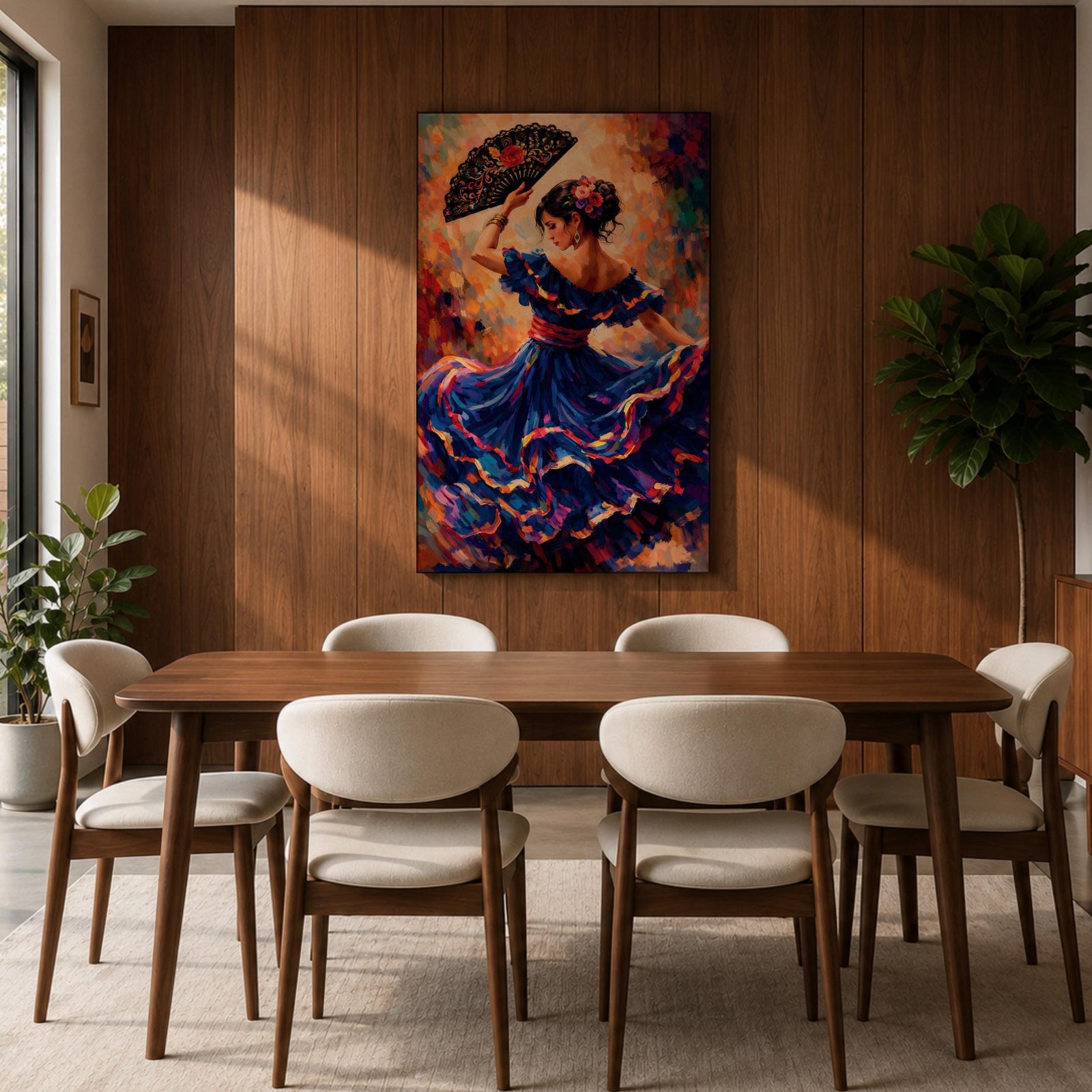 A flamenco dancer in a flowing blue dress moves gracefully with one arm raised holding an ornate fan, her skirt swirling in layered motion with vivid brushstrokes of red, gold, and violet, while her floral hairpiece and poised posture enhance the sense of rhythm and expressive movement in a richly textured composition.