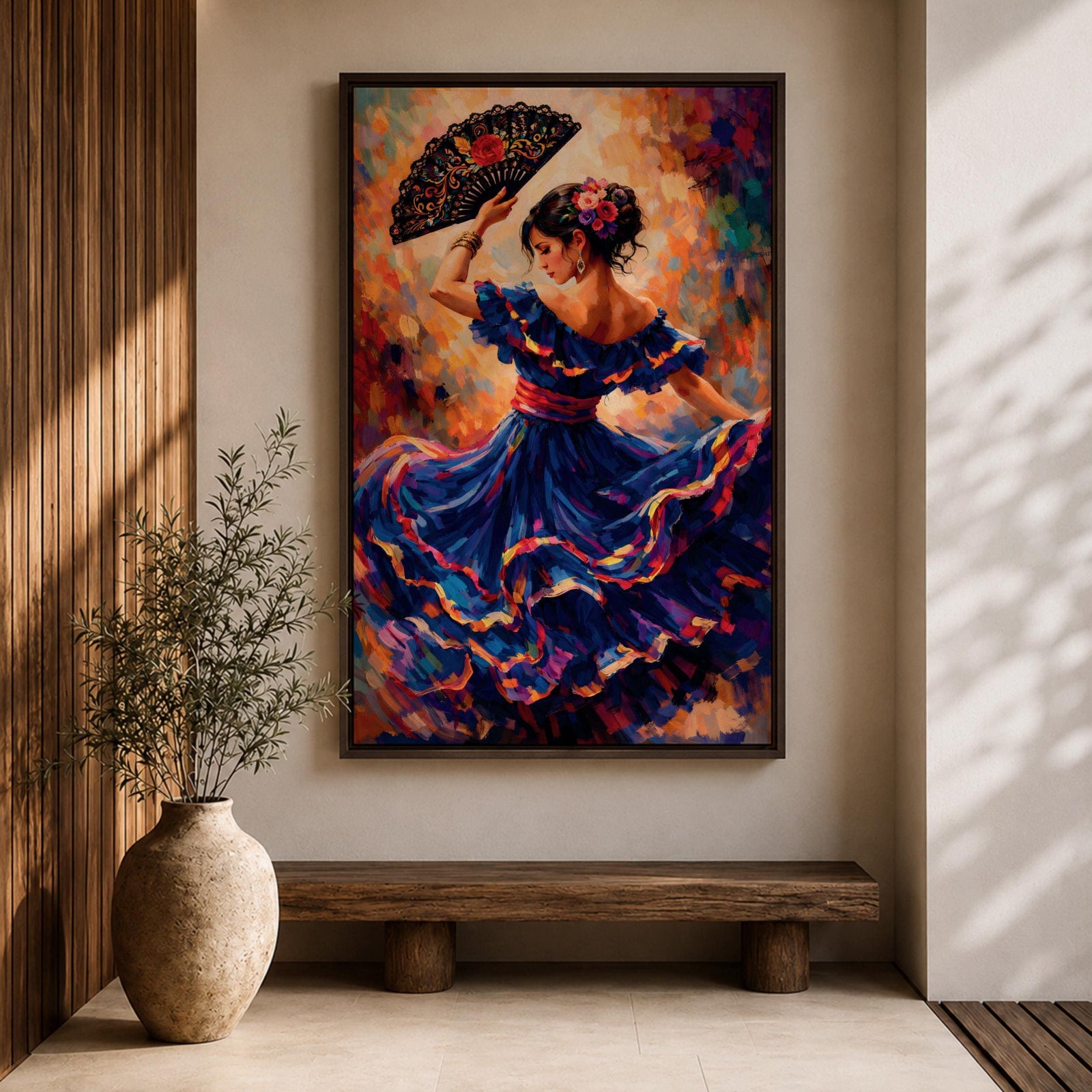 A flamenco dancer in a flowing blue dress moves gracefully with one arm raised holding an ornate fan, her skirt swirling in layered motion with vivid brushstrokes of red, gold, and violet, while her floral hairpiece and poised posture enhance the sense of rhythm and expressive movement in a richly textured composition.